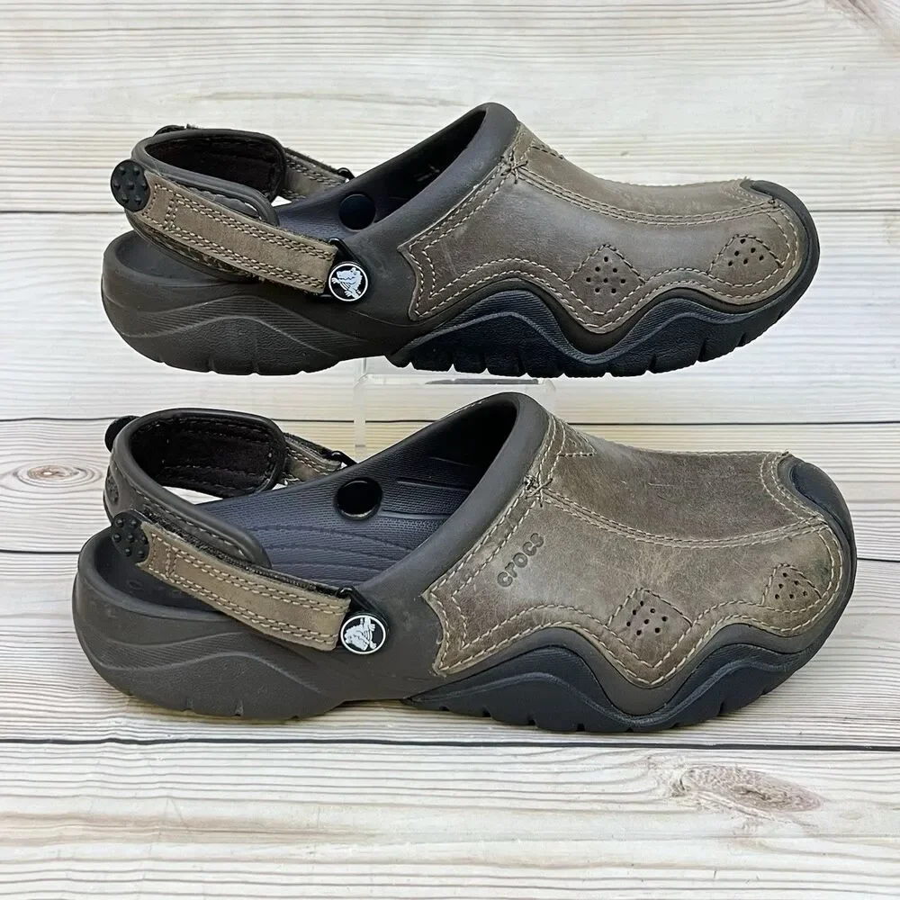 CROCS Swiftwater Sandals Mens 9 Brown Leather Slip-On Clogs Adjustable Strap